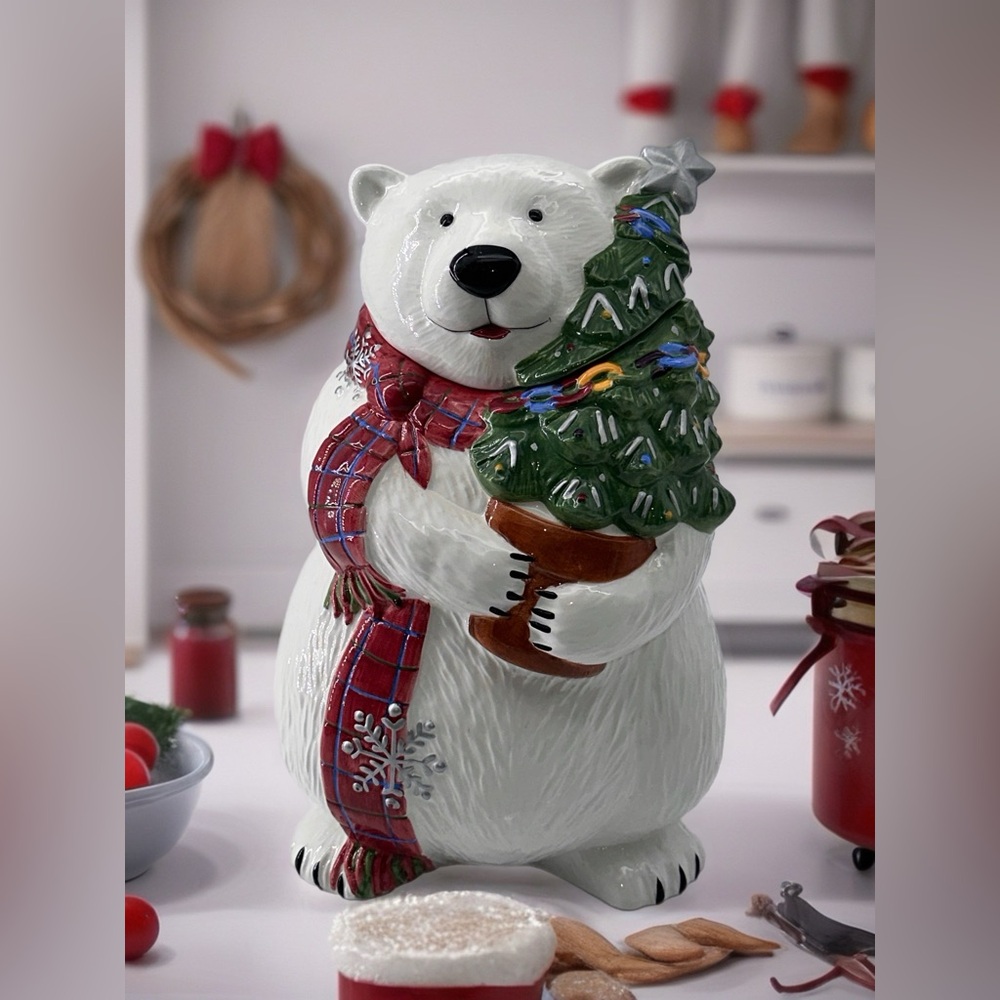 Vintage Pfaltzgraff White SNOW BEAR 12.5” Christmas Cookie Jar: Tree •EUC